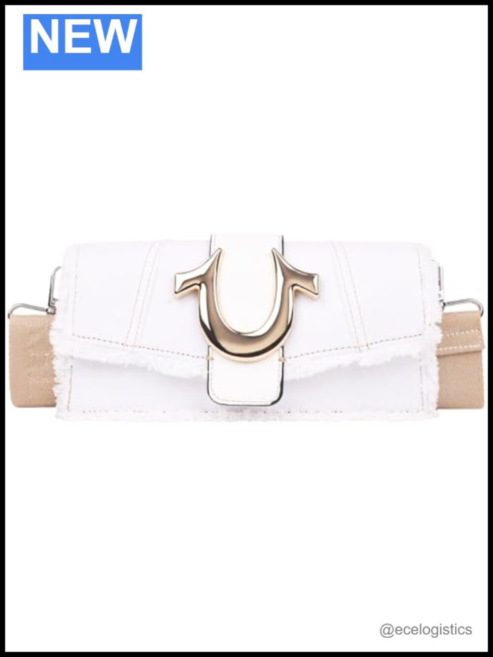 Frayed Denim Shoulder Handbag with Horseshoe Logo, Polyester Cotton, Magnetic